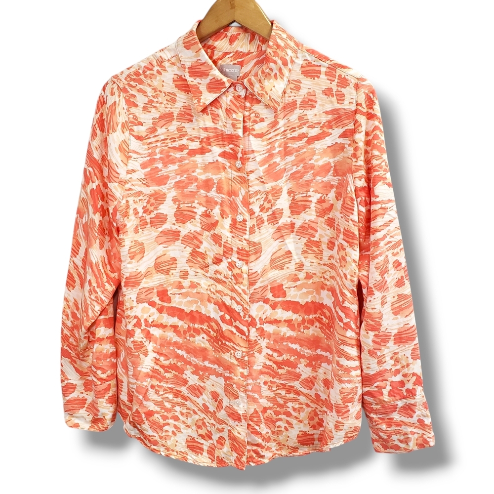 Chicos Coral/Peach Paint Splatter Button-up Top Size 12/14